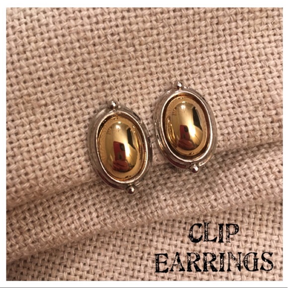 Silvertone Frame & Goldtone Center Clip Earrings - Picture 1 of 8